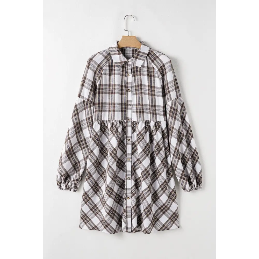 Chic White Plaid Bubble Sleeve Flowy Shirt Dress for Effortless Style