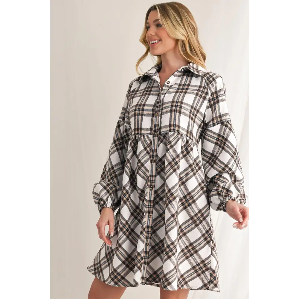 Chic White Plaid Bubble Sleeve Flowy Shirt Dress for Effortless Style