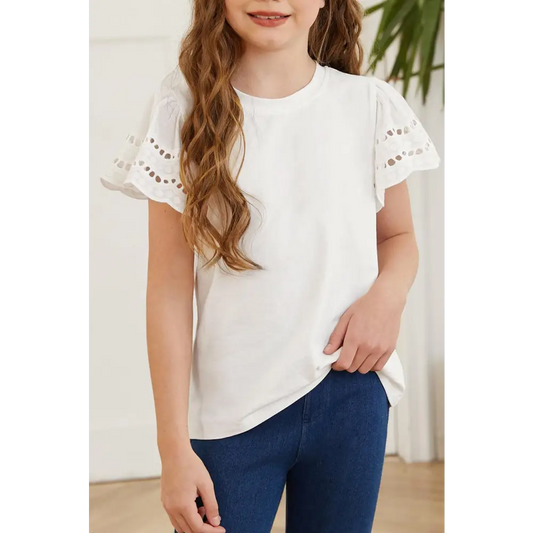 Chic White Round Neck Flutter Sleeve T-Shirt for Effortless Style White / 3XL