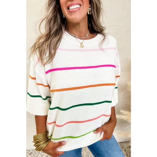 Chic White Striped Half Sleeve Drop Shoulder Sweater for Effortless Style White / 3XL