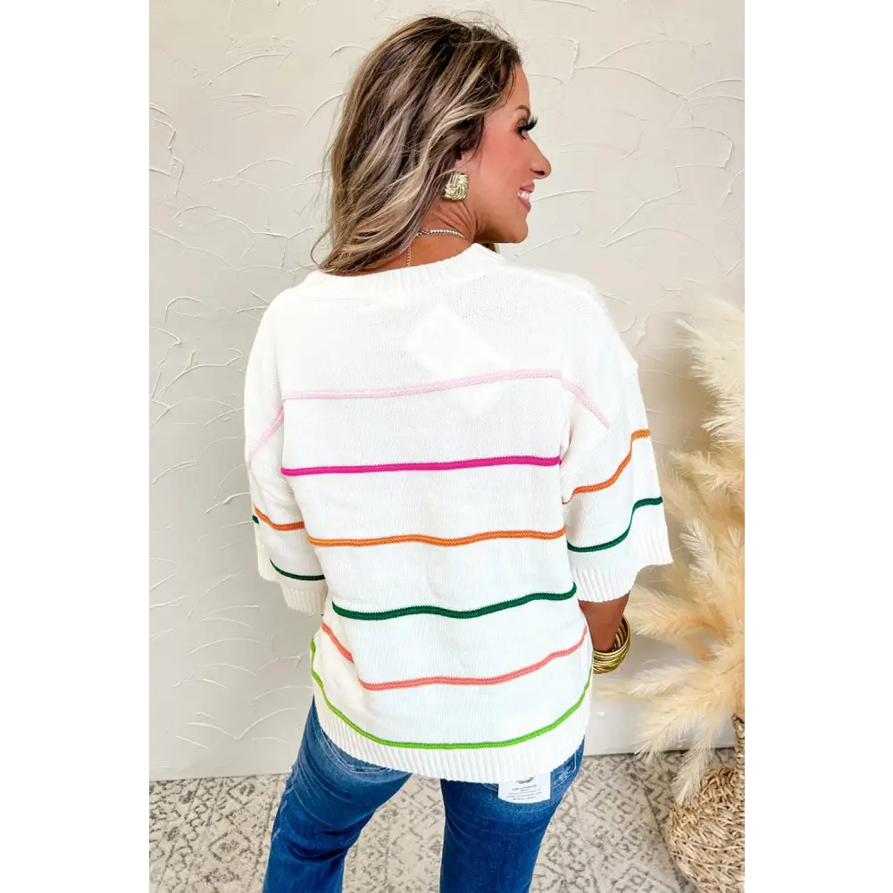 Chic White Striped Half Sleeve Drop Shoulder Sweater for Effortless Style