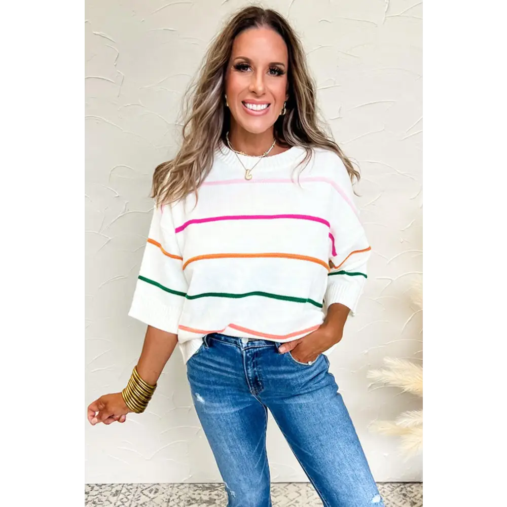 Chic White Striped Half Sleeve Drop Shoulder Sweater for Effortless Style