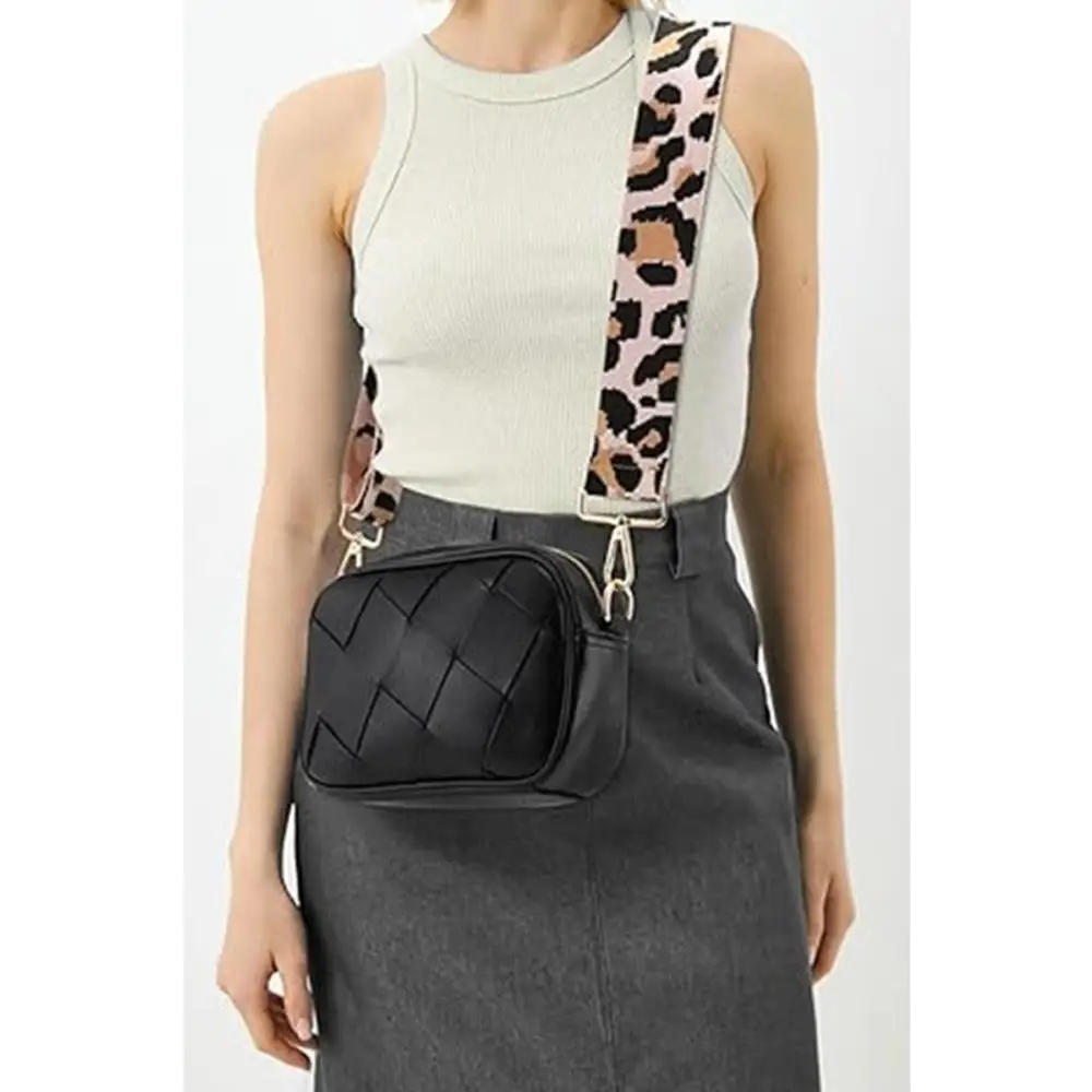 Chic Zenana Cassette Woven Crossbody Bag with Leopard Print Strap