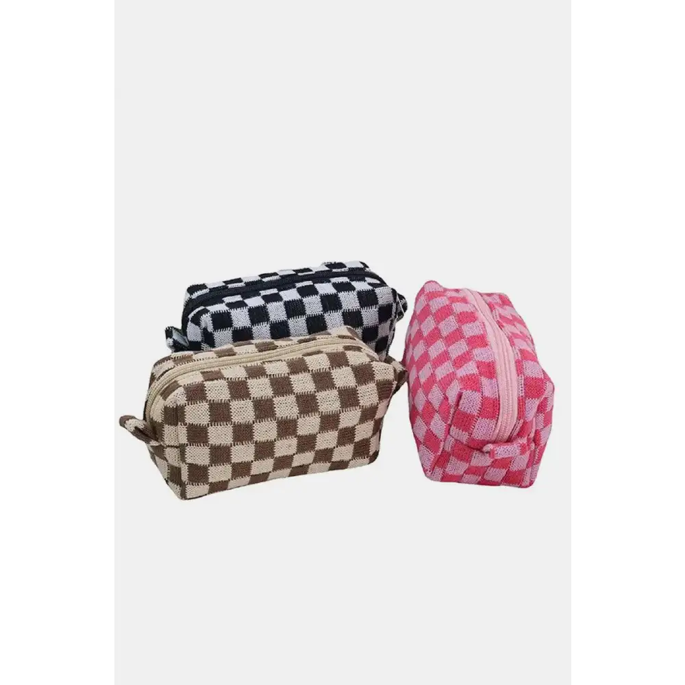 Chic Zenana Checkered Pattern Knitted Cosmetic Pouches Set