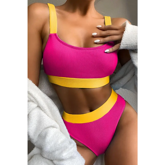 Color Block Scoop Neck Bikini Set - CM Fashion