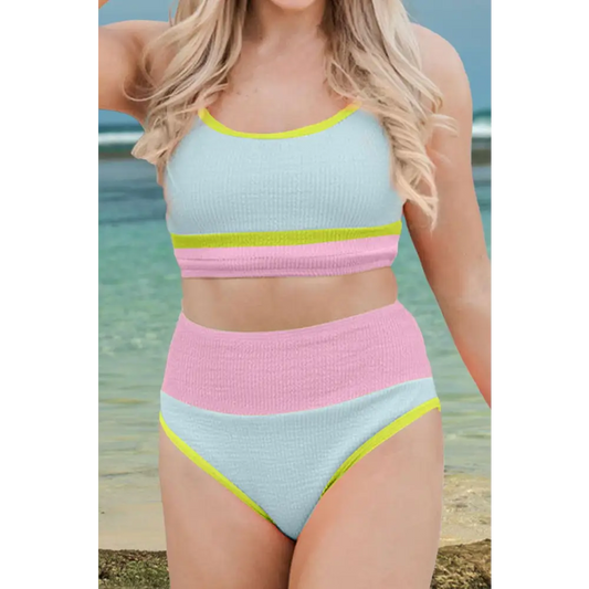 Color Block Scoop Neck Two-Piece Swim Set - CM Fashion