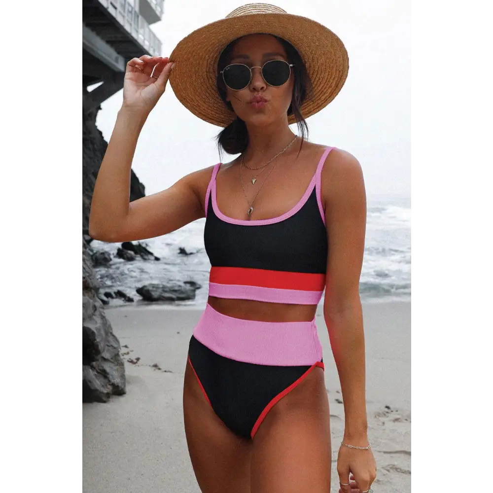 Vibrant Color Block Spaghetti Strap Two-Piece Swim Set