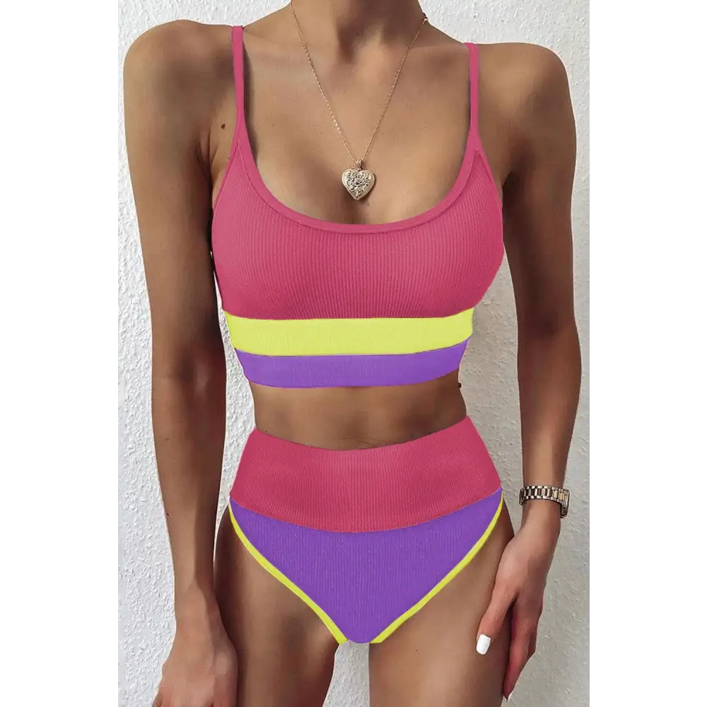 Vibrant Color Block Spaghetti Strap Two-Piece Swim Set