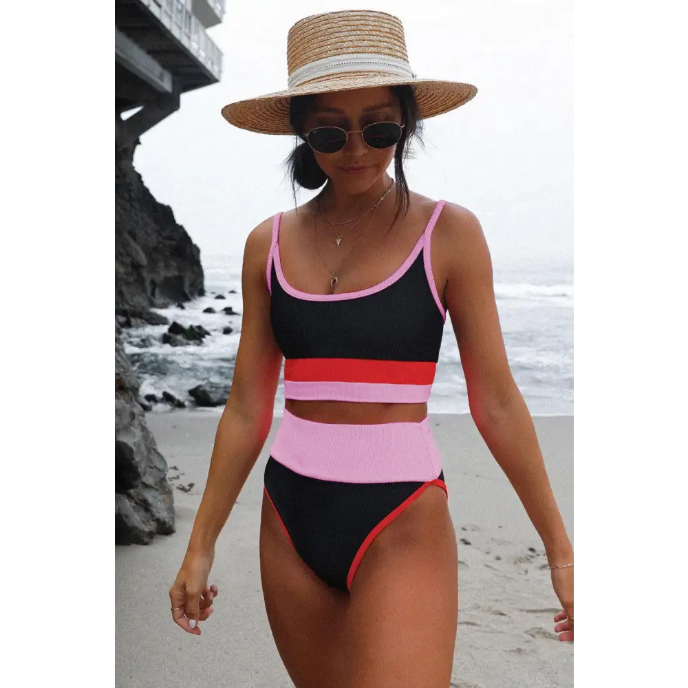 Vibrant Color Block Spaghetti Strap Two-Piece Swim Set