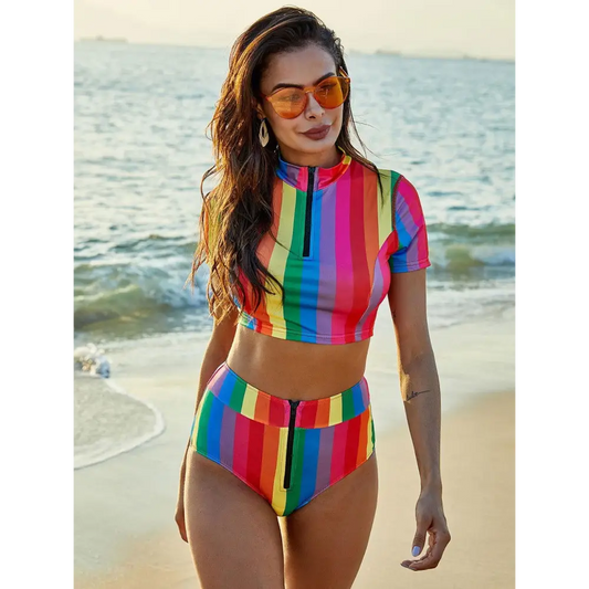 Contrast Half Zip Top and Brief Swim Set - CM Fashion