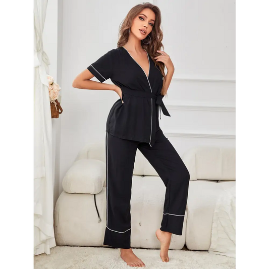 Contrast Piping Belted Top and Pants Pajama Set - CM Fashion