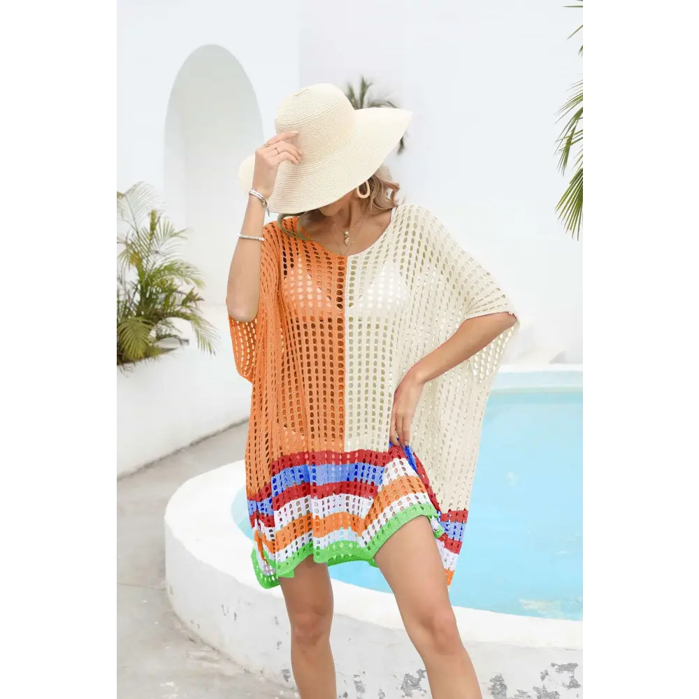 Vibrant Contrast Scoop Neck Openwork Crochet Beach Cover-Up