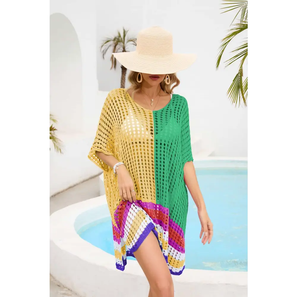 Vibrant Contrast Scoop Neck Openwork Crochet Beach Cover-Up