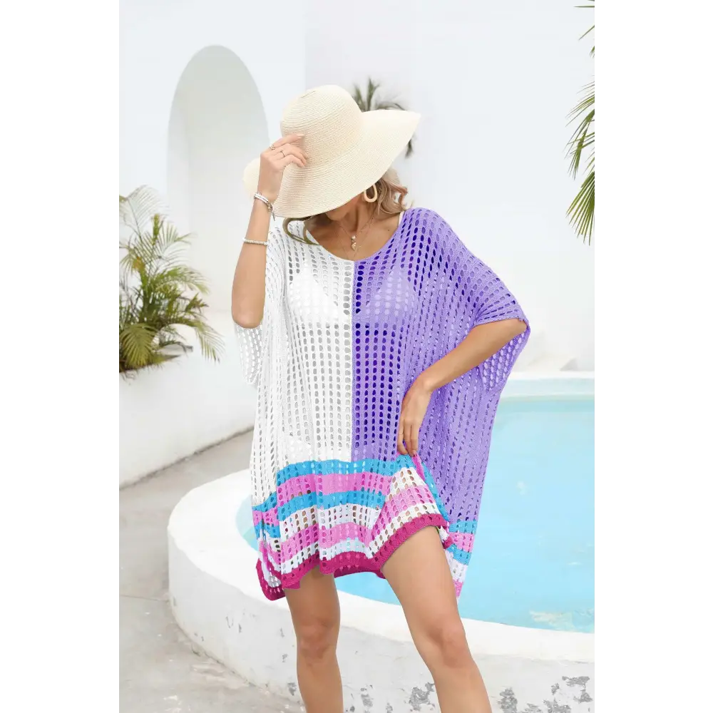 Vibrant Contrast Scoop Neck Openwork Crochet Beach Cover-Up