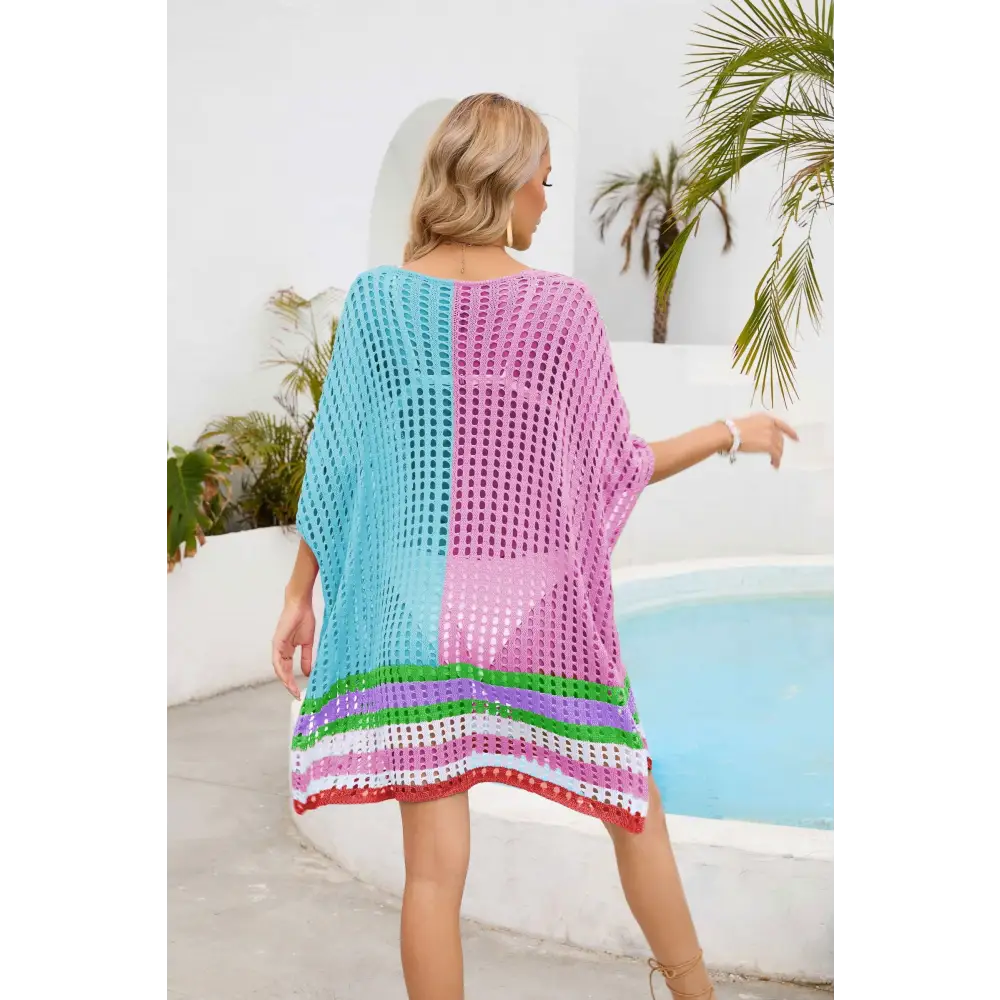 Vibrant Contrast Scoop Neck Openwork Crochet Beach Cover-Up