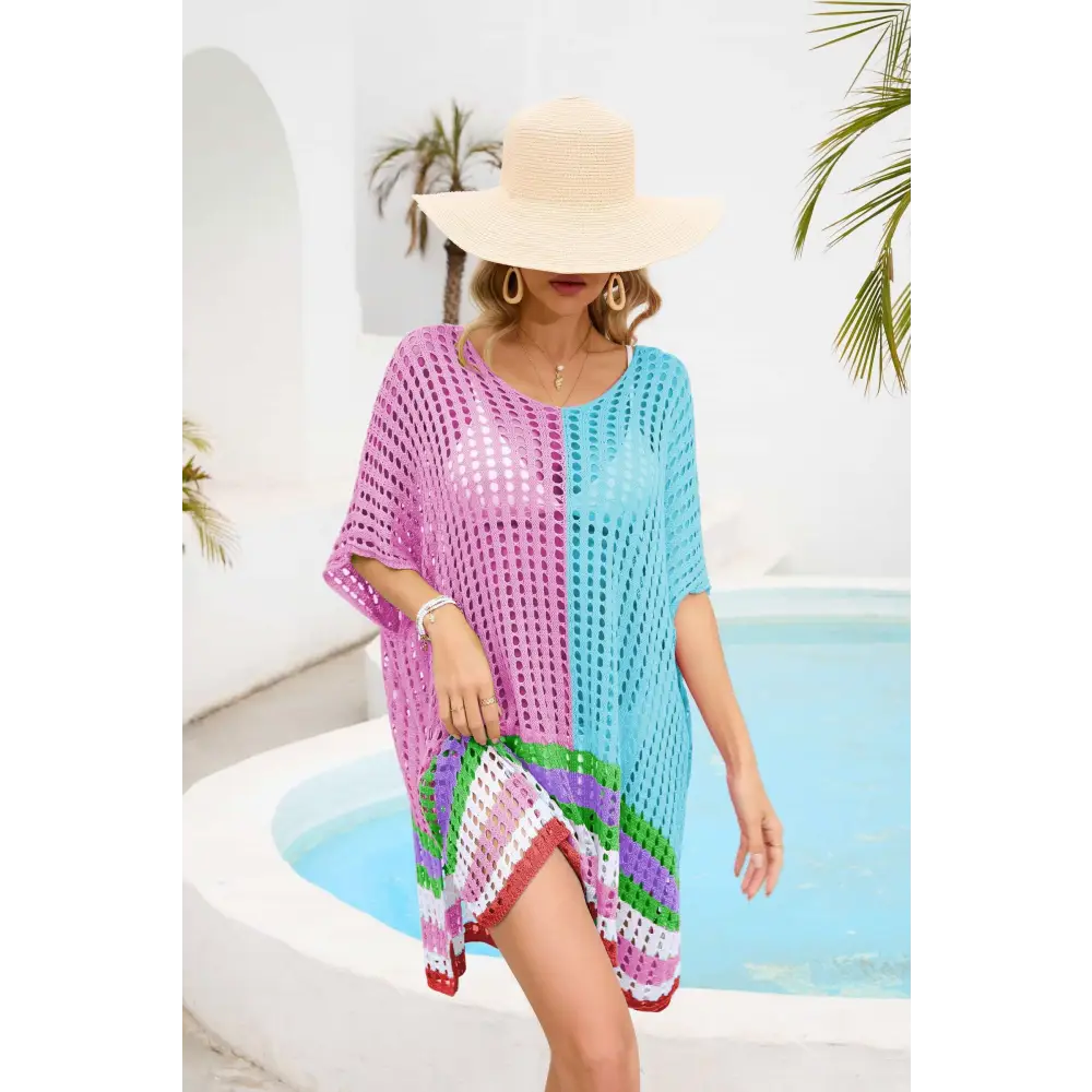 Vibrant Contrast Scoop Neck Openwork Crochet Beach Cover-Up