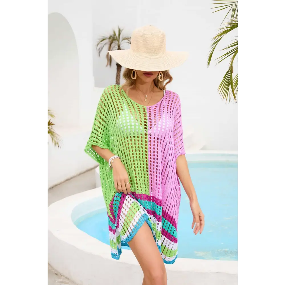 Vibrant Contrast Scoop Neck Openwork Crochet Beach Cover-Up