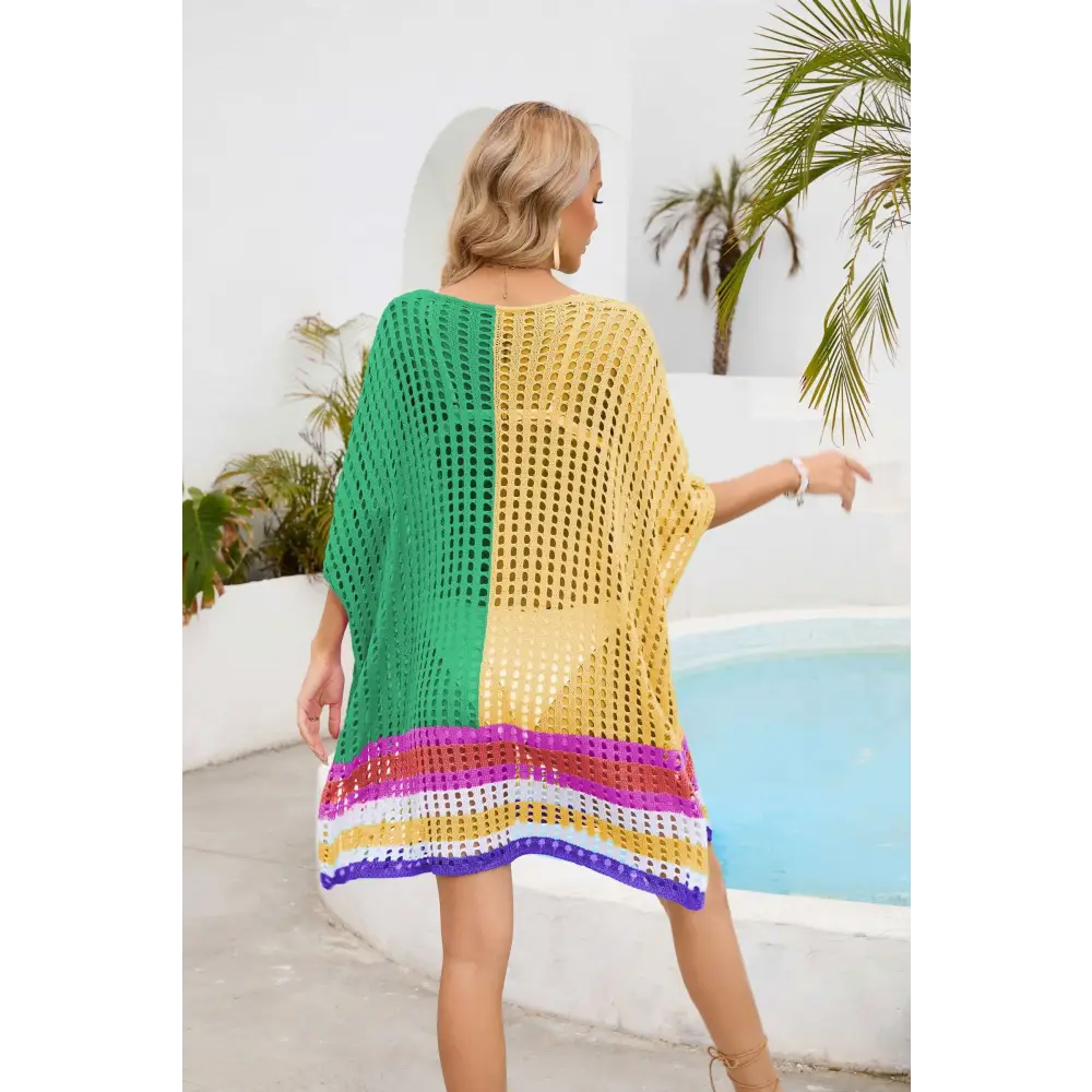 Vibrant Contrast Scoop Neck Openwork Crochet Beach Cover-Up