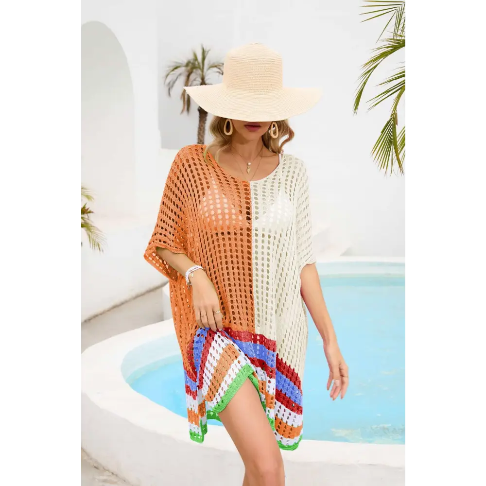 Vibrant Contrast Scoop Neck Openwork Crochet Beach Cover-Up