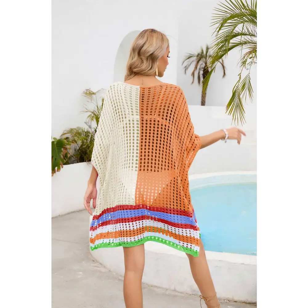 Vibrant Contrast Scoop Neck Openwork Crochet Beach Cover-Up