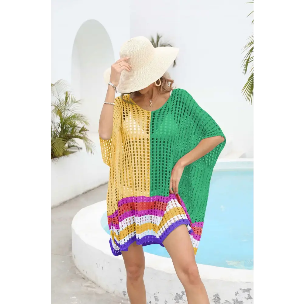 Vibrant Contrast Scoop Neck Openwork Crochet Beach Cover-Up