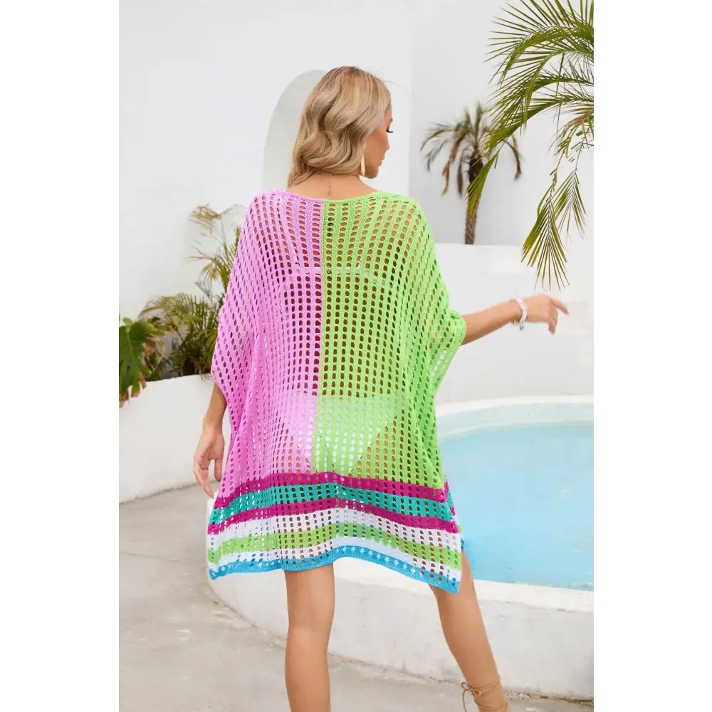 Vibrant Contrast Scoop Neck Openwork Crochet Beach Cover-Up