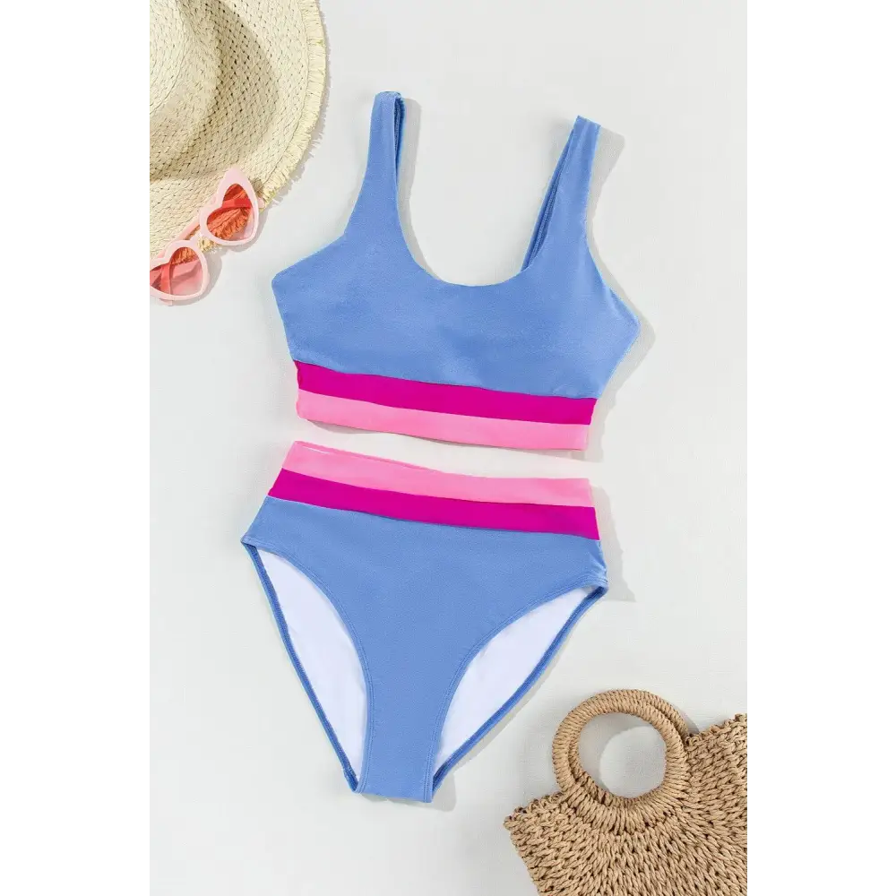 Sleek Contrast Scoop Neck Two-Piece Swim Set for Summer Fun