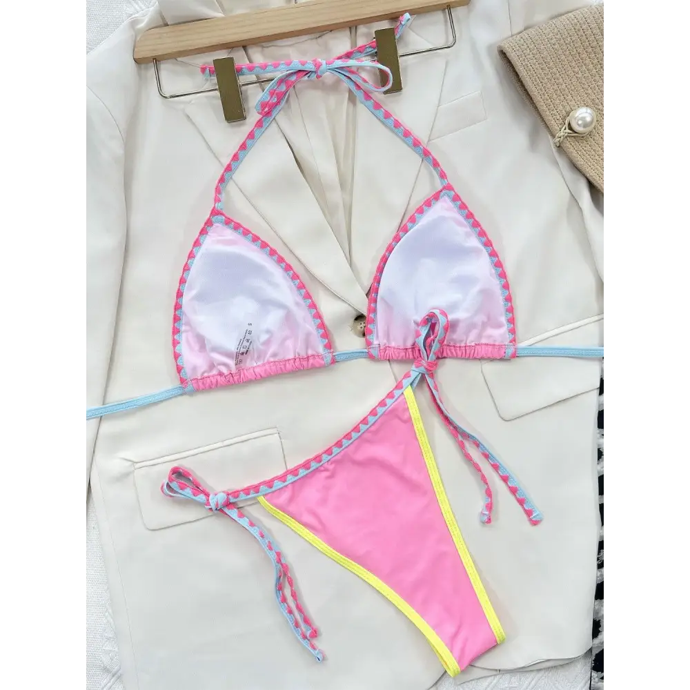 Contrast Trim Halter Neck Bikini Set