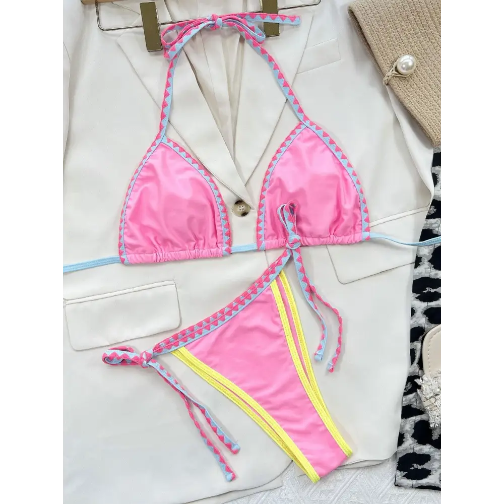 Contrast Trim Halter Neck Bikini Set