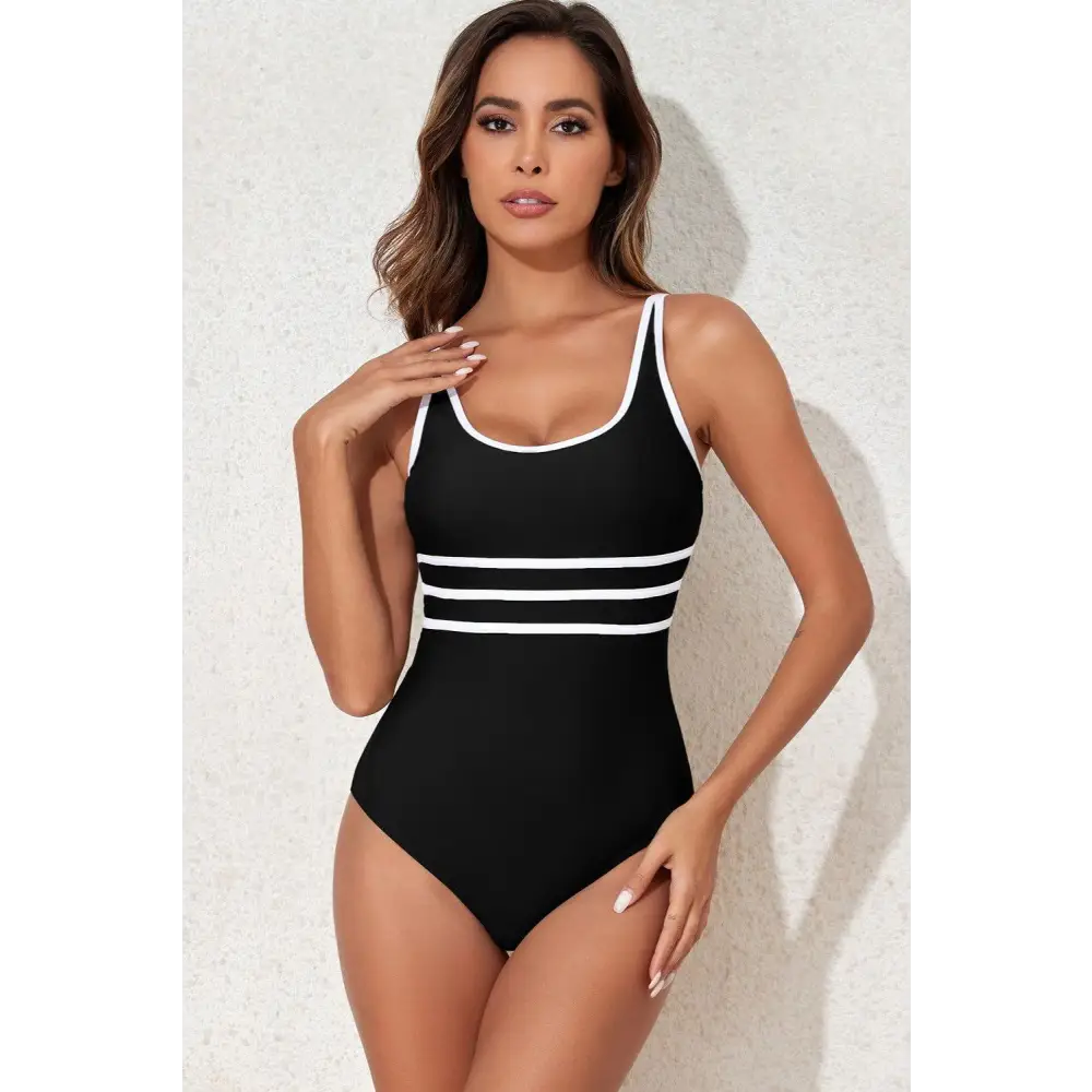 Sleek Contrast Trim Scoop Neck One-Piece Swimwear for Summer Fun