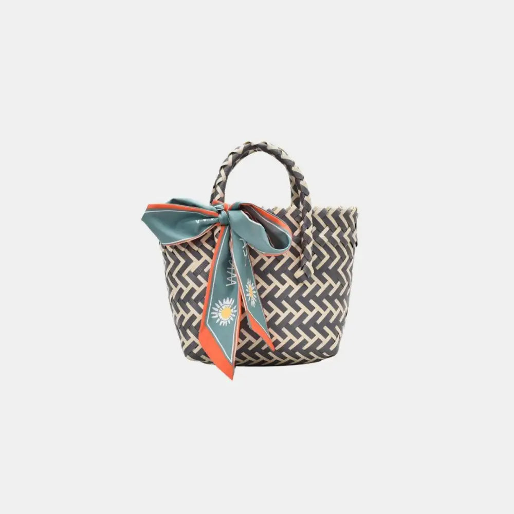 Vibrant Contrast Woven Handbag with Stylish Scarf Accent