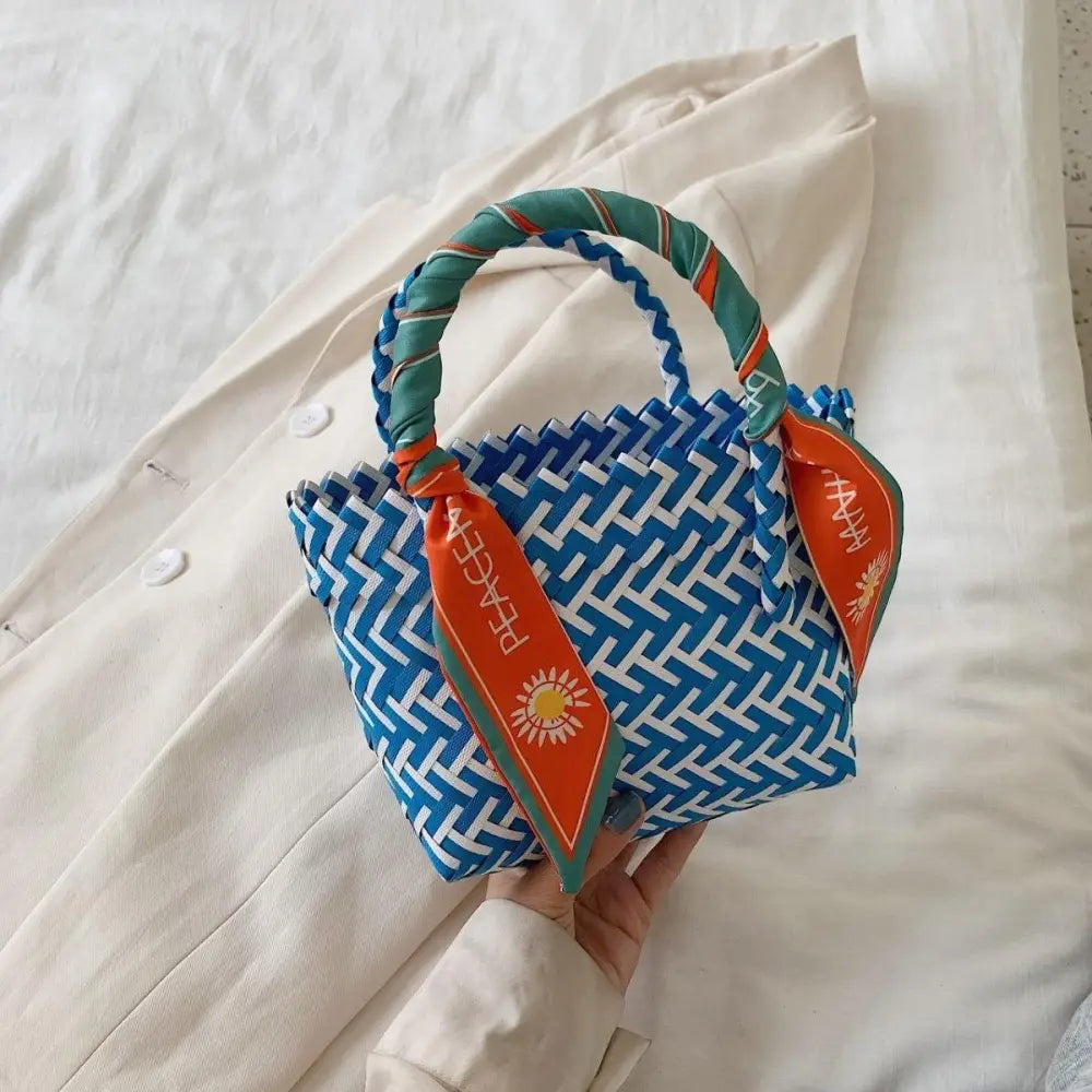 Vibrant Contrast Woven Handbag with Stylish Scarf Accent