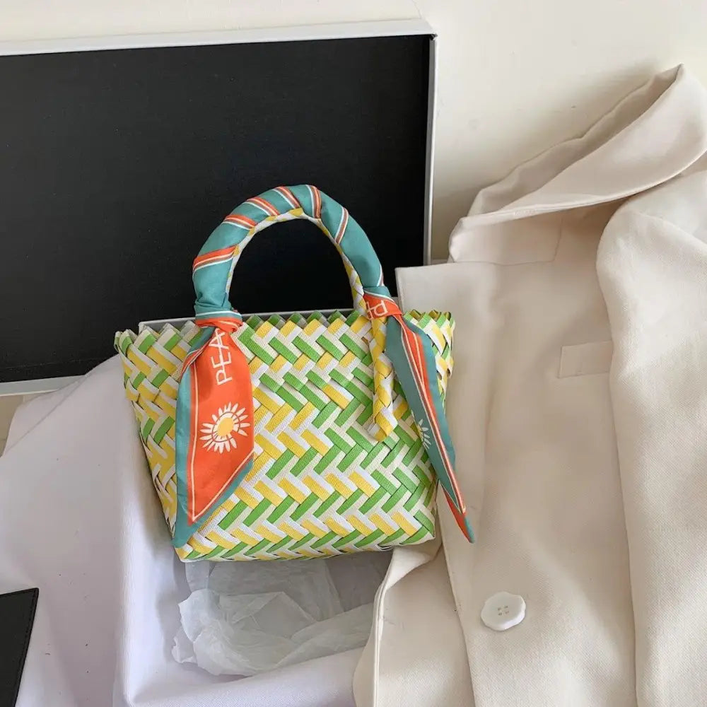 Vibrant Contrast Woven Handbag with Stylish Scarf Accent