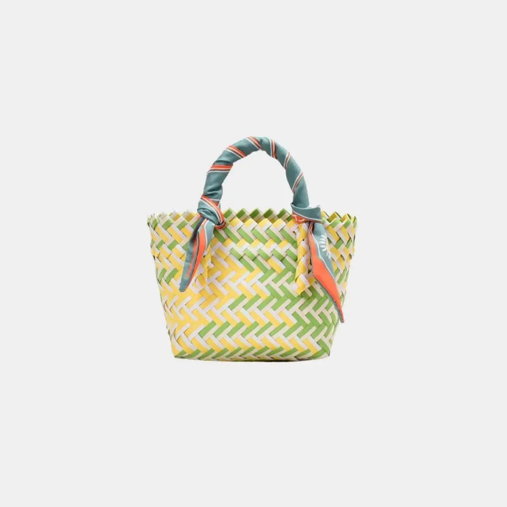 Vibrant Contrast Woven Handbag with Stylish Scarf Accent