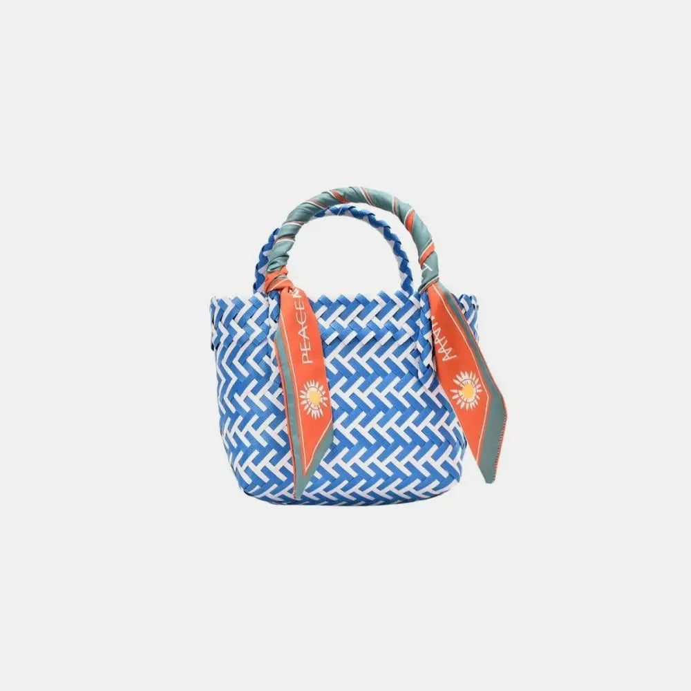 Vibrant Contrast Woven Handbag with Stylish Scarf Accent