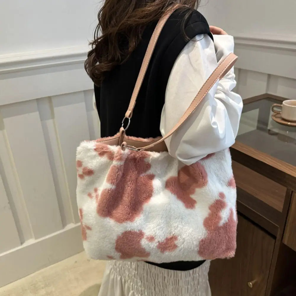 Stylish Cow Print Furry Tote Bag for Trendy Animal Lovers