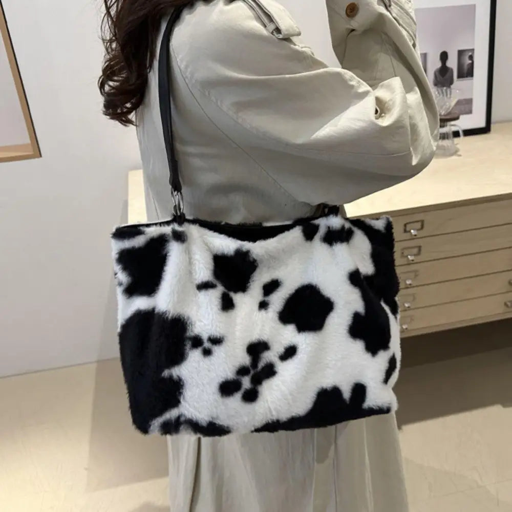 Stylish Cow Print Furry Tote Bag for Trendy Animal Lovers