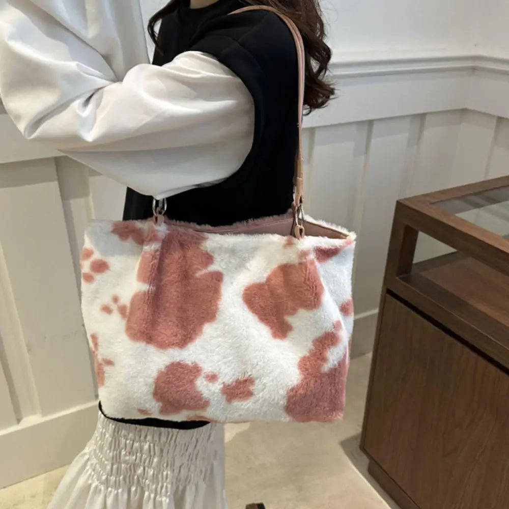 Stylish Cow Print Furry Tote Bag for Trendy Animal Lovers