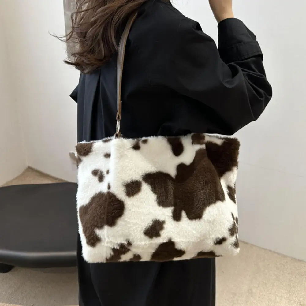 Stylish Cow Print Furry Tote Bag for Trendy Animal Lovers