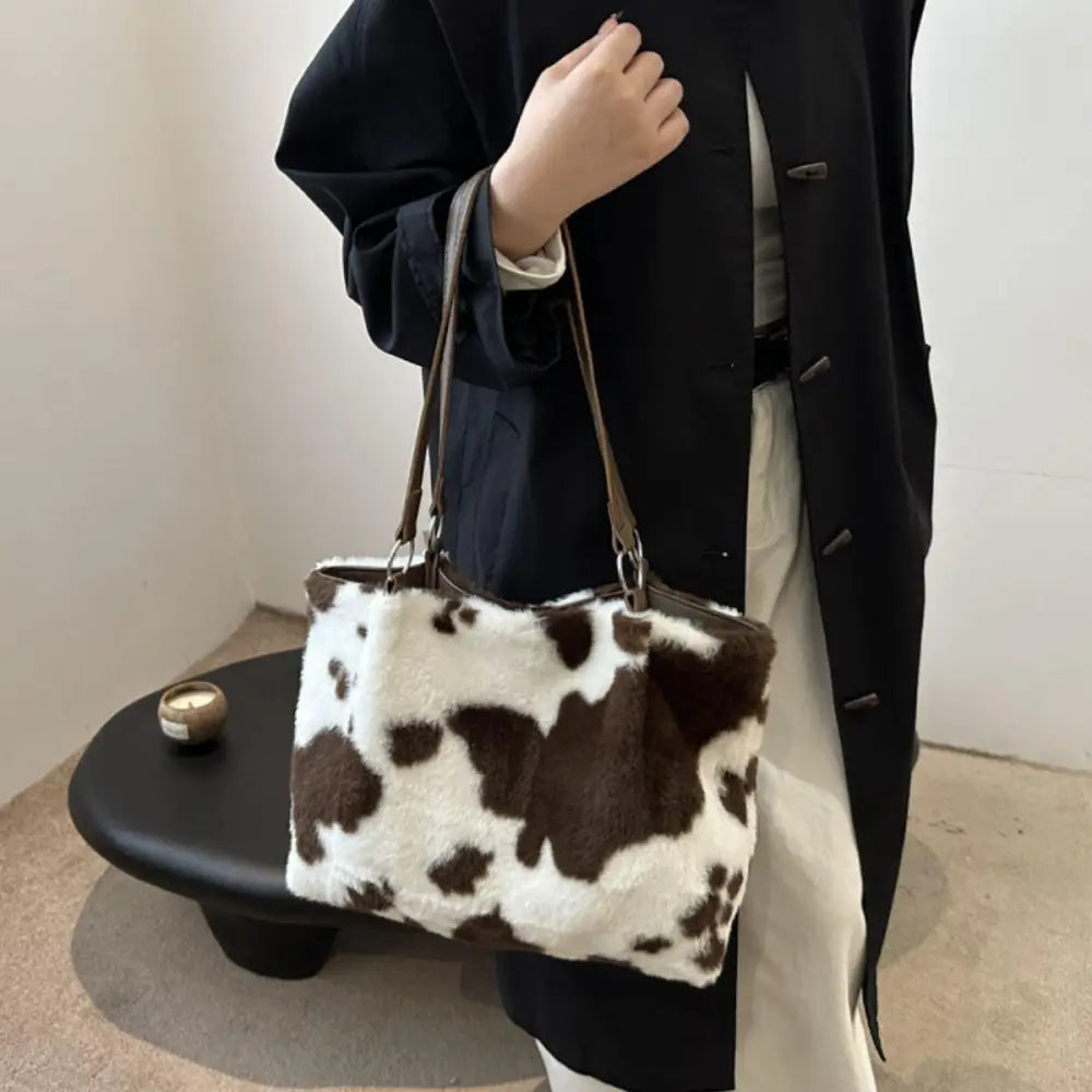 Stylish Cow Print Furry Tote Bag for Trendy Animal Lovers