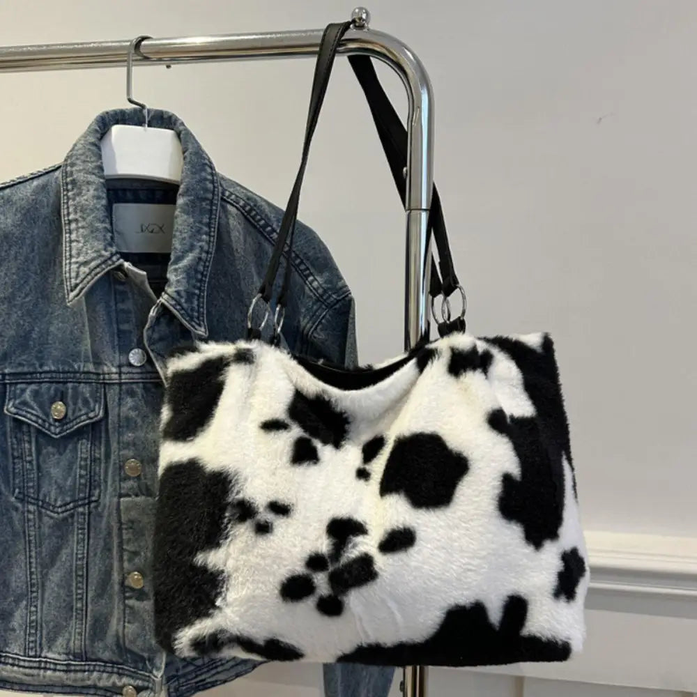 Stylish Cow Print Furry Tote Bag for Trendy Animal Lovers