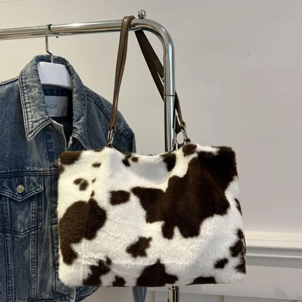 Stylish Cow Print Furry Tote Bag for Trendy Animal Lovers