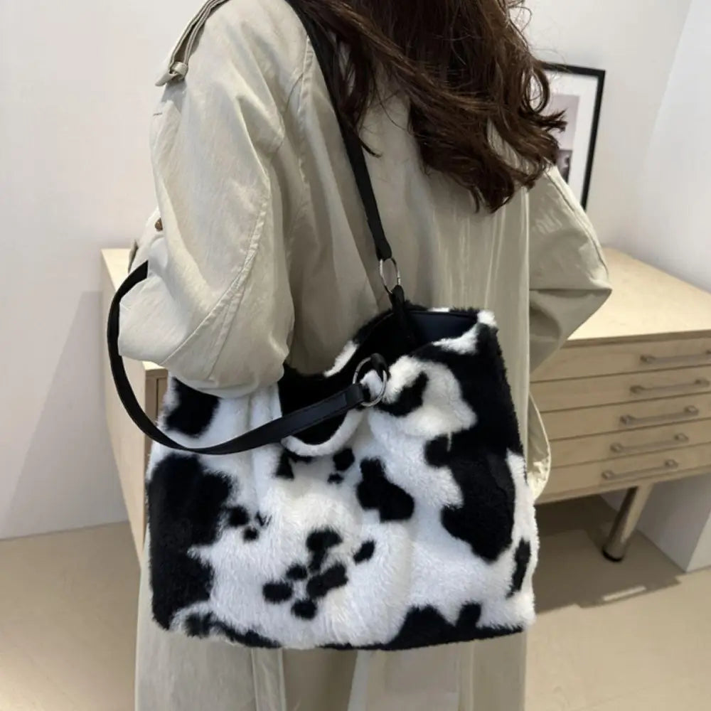 Stylish Cow Print Furry Tote Bag for Trendy Animal Lovers