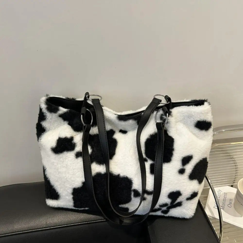 Stylish Cow Print Furry Tote Bag for Trendy Animal Lovers