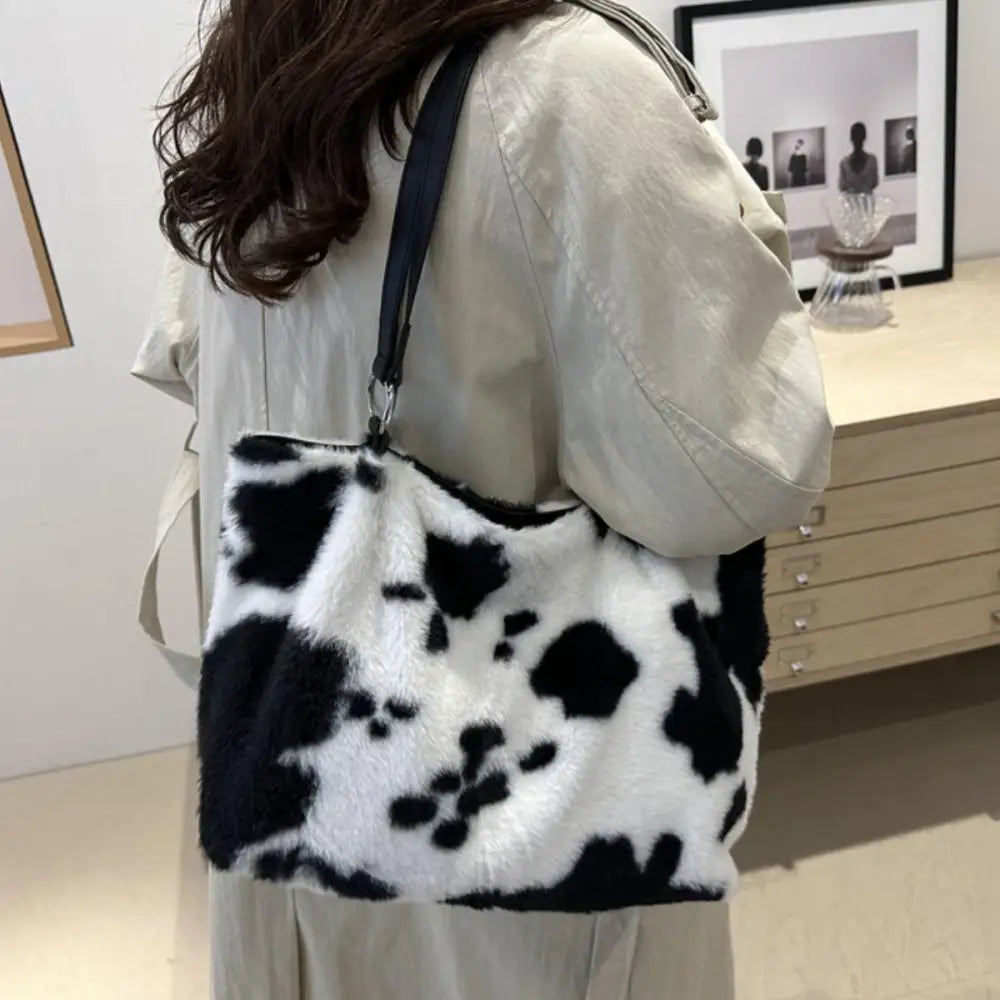 Stylish Cow Print Furry Tote Bag for Trendy Animal Lovers