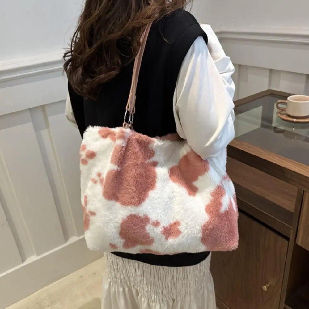 Stylish Cow Print Furry Tote Bag for Trendy Animal Lovers