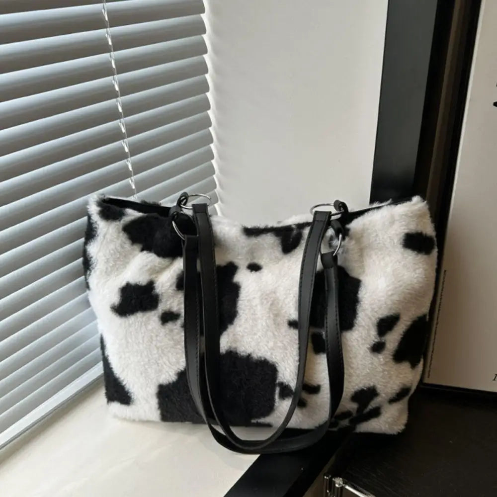 Stylish Cow Print Furry Tote Bag for Trendy Animal Lovers