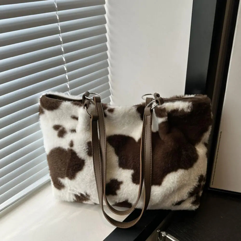 Stylish Cow Print Furry Tote Bag for Trendy Animal Lovers