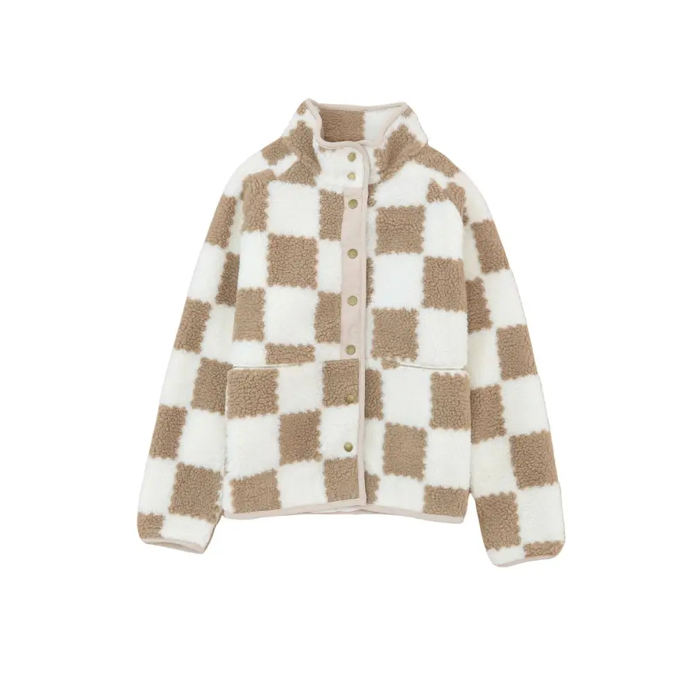 Cozy Brown Checked Snap Button Sherpa Jacket with Zip Pockets