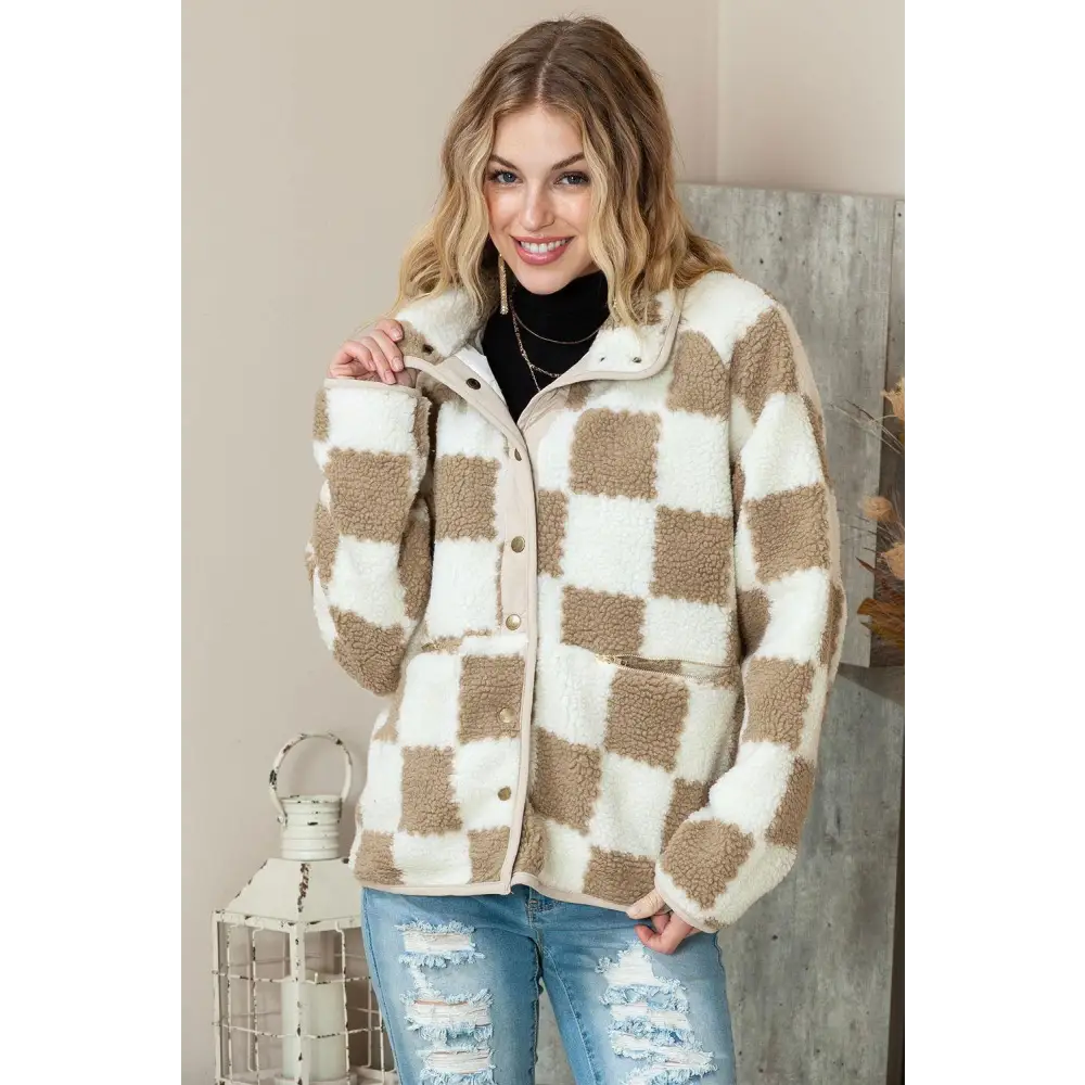 Cozy Brown Checked Snap Button Sherpa Jacket with Zip Pockets